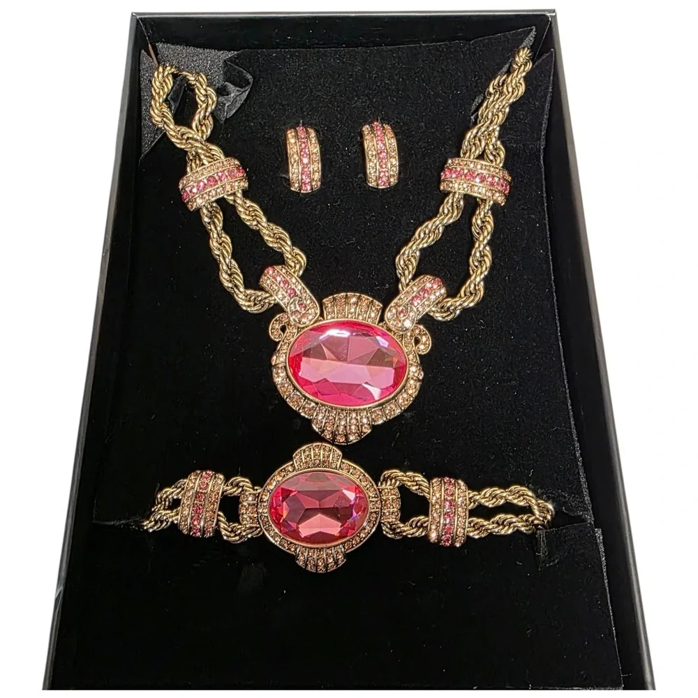 Heidi Daus Chain Of Events Pink Crystal Set Necklace Bracelet CLIP-ON Earrings - Picture 2 of 10